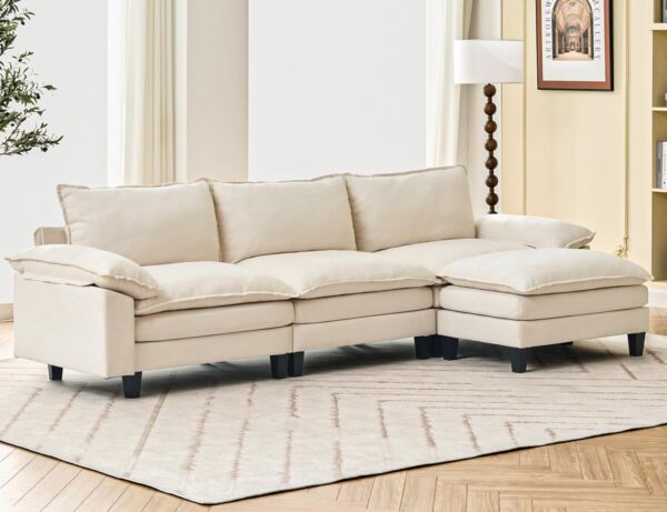 118" 3 Seat Cloud Couches for Living Room, L Shaped Sectional Couch with Ottoman, Modular Sectional Sofa for Apartment, Beige