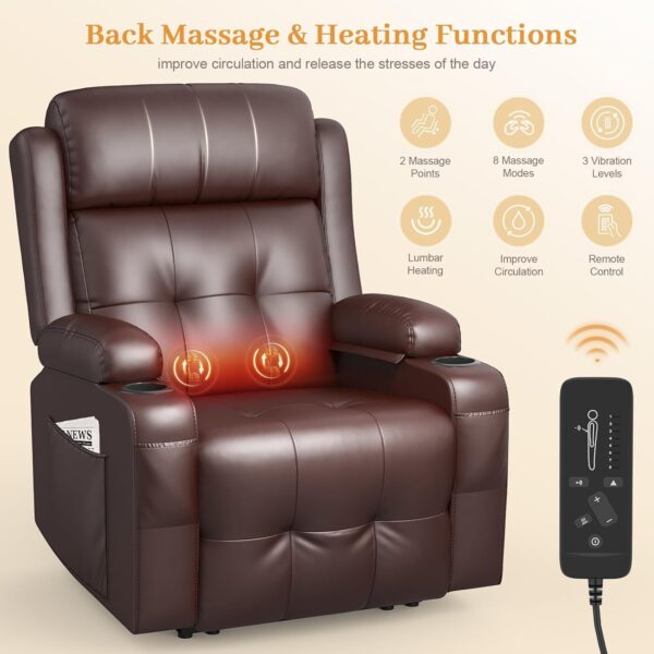 Electric Power Oversized Recliner Chair with Heat and Back Massage, Extra Wide Seat Reclining Chair Infinite Position with Storage Armrests & 2 Cup Holders for Living Room (Brown) - Image 4