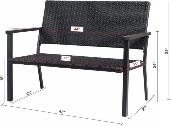 C-Hopetree Outdoor Loveseat Bench Chair for Outside Patio Porch, Metal Frame, Black All Weather Wicker - Image 3