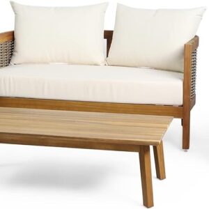 Christopher Knight Home Burchett Outdoor 4pc Chat Set - Acacia Wood and Wicker - Teak/Mixed Brown/Beige
