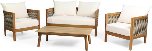 Christopher Knight Home Burchett Outdoor 4pc Chat Set - Acacia Wood and Wicker - Teak/Mixed Brown/Beige