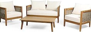 Christopher Knight Home Burchett Outdoor 4pc Chat Set - Acacia Wood and Wicker - Teak/Mixed Brown/Beige