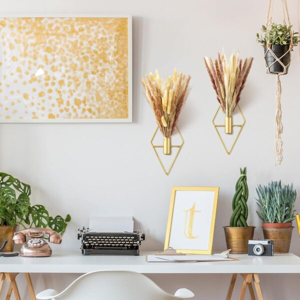 Peryiter 2 Pcs Small Boho Wall Decor Hanging Planters with Artificial Pampas Wall Mounted Metal Wall Decor Modern Home Decor Display Wall Art Bedroom Bathroom Living Room (Gold) - Image 5