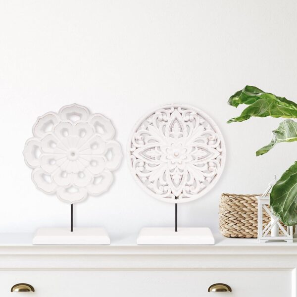 AXEARTE 2 Pack Wooden Carved Cutout Flower Medallion Sculpture, Rustic Distressed White MDF Statues Home Tabletop Decor, Decorative Ornaments for Living Room, Bedroom, Office Desktop, Cabinets - Image 6