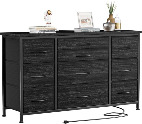 Dresser for Bedroom with Power Outlets, 55 inch TV Stand with Wood Tabletop, 10 Drawers Dresser with Big Storage, Wide Dressers Chests of Drawers with Fabric Storage, Black Wood Grain dresser - Image 7