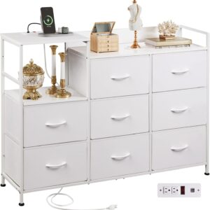 WLIVE White Dresser TV Stand for Bedroom with Charging Station, Wide Storage Chest of Drawers with 8 Large Fabric Drawers and Open Shelves, Storage Organizer Unit for Closet, Living Room, Hallway