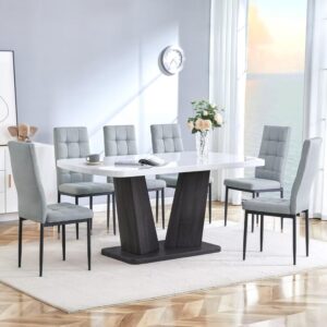 Merax 63" Large Kitchen Table Set for 4-8, 7-Piece Dining Table Set with 6 Upholstered Chairs, Imitation Marble Dining Room Table Set with Heavy-Duty Frame, Easy Assembly