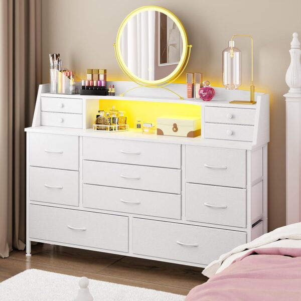 Fixwal White Dresser for Bedroom with 13 Drawers, Fabric Chest of Drawers with PU Finish for Kids, Girls, Adults, Nursery, Living Room, Closet, Entryway, Hallway