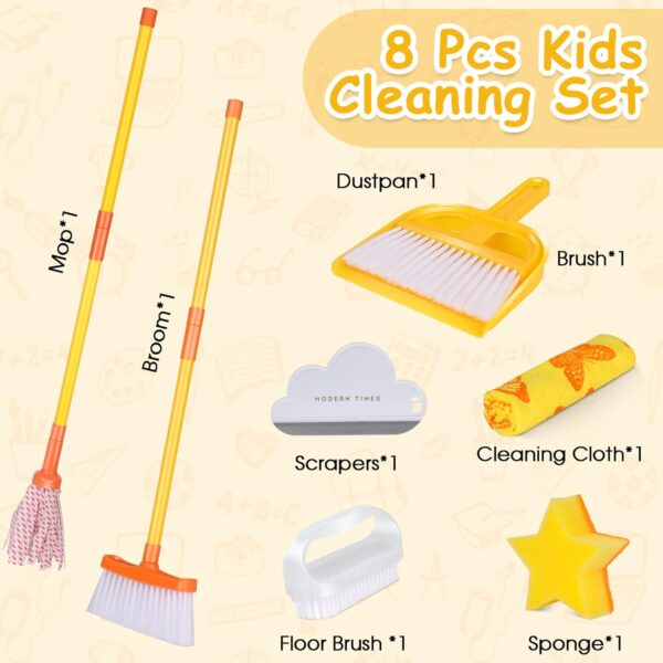 Masthome Kids Cleaning Set, 8 Piece Cleaning Toys Set, Includes Mop, Broom, Brush, Dustpan, Microfiber Cloth, Cleaning Sponge, Squeegee, Window Scraper, Pretend Play Toys for Girls Boys - Yellow - Image 3