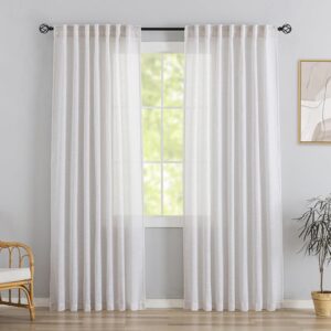 White with Linen Back Tab Curtains 90 Inches Long 2 Panels Set for Dining Cottage- Soft Light Weight Airy Semi Privacy Sheer Curtains Hooks Rod Pocket Light Filtering Neutral Style Curtains W52 x L90