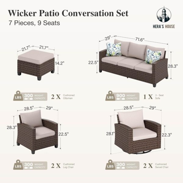HERA'S HOUSE Wicker Patio Furniture Set with Swivel Rocker Glide Chairs, Outdoor Conversation Sectional Set with Ottomans for Backyard Deck Porch, Beige - Image 2