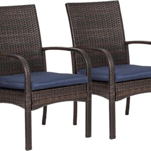 Outdoor Wicker Patio Dining Chairs with Padded Cushions Set of 2: Porch Rattan Chairs Club Chairs with High Back and Deep Seating 350lbs, Brown