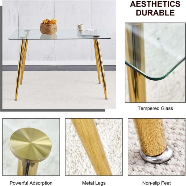Ebullient Glass Dining Table Set for 4,5 Piece Dining Table and Chairs Set，Modern Kitchen Dining Room Table with 4 White PU Leather Dining Chairs,0.31” Tempered Glass Table Top with Gold Metal Legs - Image 4