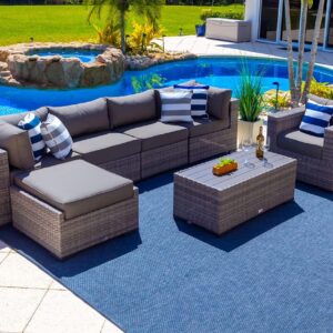 Sorrento 7-Piece Resin Wicker Outdoor Patio Furniture Sectional Sofa Set in Gray w/Four Sectional Pieces, Ottoman, Armchair, and Coffee Table (Flat-Weave Gray Wicker, Sunbrella Canvas Charcoal)