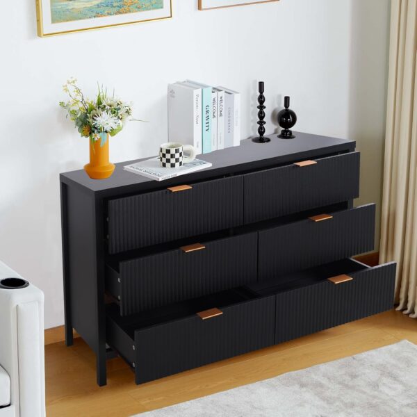 Fluted 6 Drawer Double Dresser for Bedroom, 47" Wide Modern Closet Dressers Chest of Drawers, Wood Storage Dresser Organizer for Nursery Bedroom Living Room Hallway Closet, Black - Image 4