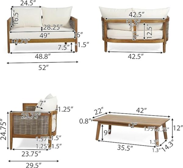 Merax Patio Furniture 4-Piece Outdoor Acacia Wood Wicker Conversation Set with Loveseat,2 Chairs and Coffetable for Backyard, Beige - Image 3