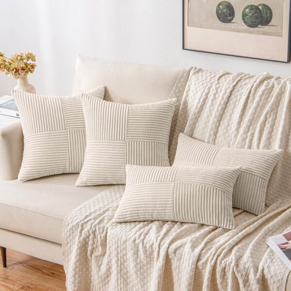 MIULEE Beige Corduroy Pillow Covers Pack of 2 Boho Decorative Spliced Throw Pillow Covers Soft Solid Couch Pillowcases Cross Patchwork Textured Cushion Covers for Living Room Bed Sofa 18x18 inch - Image 4