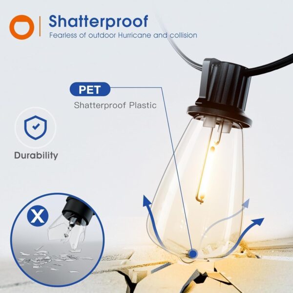 addlon 100FT(50FT*2) LED Outdoor String Lights Waterproof Patio Lights with 32 Shatterproof ST38 Replaceable Bulbs(2 Spare), Dimmable Outside Hanging Lights Connectable for Porch, Backyard, 2200K - Image 3