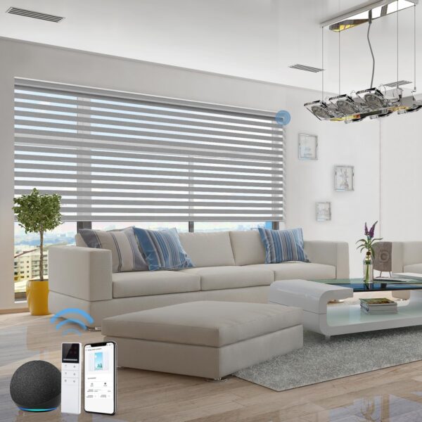 TIPIACE Smart Hard-Wired Motorized Blackout Window Blinds Work with Alexa,Remote Control Half Blackout Thick Fabric Zebra Blinds Shades for Windows (Glacier Grey)