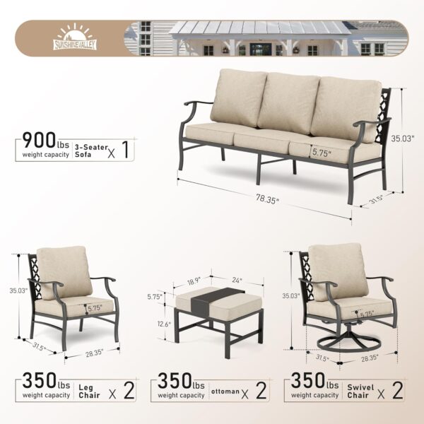 7 Piece Outdoor Patio Furniture Sets Metal Modern Outoor Patio Conversation Set with 5.75" Extra Thick Cushion for Deck Backyard - Image 6