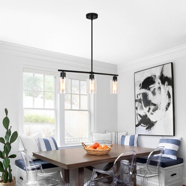 Kitchen Island Lighting, 3-Lights Black Pendant Lights Kitchen Island, Hanging Linear Light Fixture Chandelier With Glass Shades and Adjustable Rods, Modern Dining Room Light Fixtures Over Table - Image 5