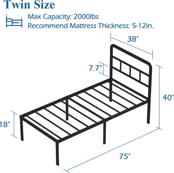 Twin Bed Frames with Headboard 18 Inch, Metal Platform No Box Spring Needed Heavy Duty Steel Slat Mattress Foundation/Easy Assembly/Noise Free/Black - Image 2