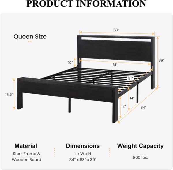 SHA CERLIN 14 Inch Queen Size Metal Platform Bed Frame with Wooden Headboard and Footboard, Mattress Foundation, No Box Spring Needed, Large Under Bed Storage, Non-Slip, Black Oak - Image 2