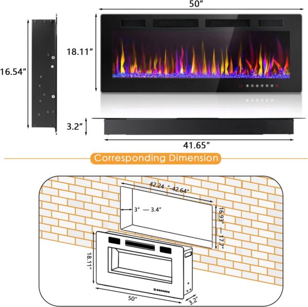 LEMBERI 50 inch Electric Fireplace Recessed and Wall Mounted,750/1500W Heater and Linear Fireplace with Touch Screen Control Panel, Timer,Remote Control,Adjustable Flame Color and Speed - Image 7