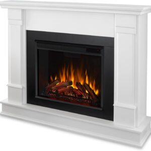 Real Flame Silverton 48” Electric Fireplace with Mantel for Living Room or Bedroom, Replaceable Fireplace Insert Heater, Realistic Log and Flame Effect, Remote Control, Timer, White
