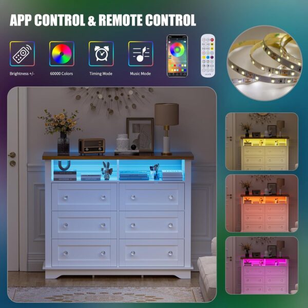 HAIOOU 6 Drawer Dresser for Bedroom White with Power Outlets, LED Double Dressers, Chest of Drawers 47 inch Modern Wooden Storage Organizer with 2 Shelves, Cabinet for Living Room,Hallway - Image 4
