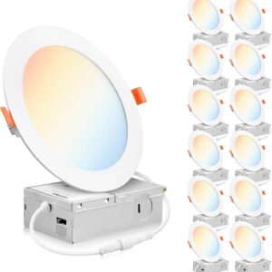 PARMIDA (12 Pack) 6 Inch Dimmable 5CCT Ultra-Thin LED Recessed Ceiling Light with Junction Box, 5 Color Selectable 2700K/3000K/3500K/4000K/5000K, 12W, Canless Wafer Slim Panel Downlight, IC Rated, ETL