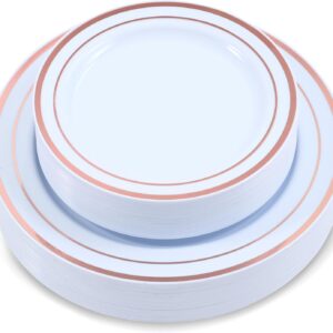 60-Piece Plastic Plates Set Premium 30 Dinner Plates & 30 Salad Plates Pack, Disposable Plates for Party - White Plastic Wedding Plates with Rose Gold Rim