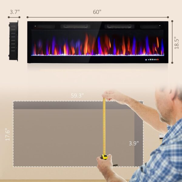 HOMCOM 60" Electric Fireplace Recessed and Wall Mounted with Remote, 750W/ 1500W Ultra-Thin Fireplace Heater and Linear Fireplace with Timer, Adjustable Flame Effect, Crystal, Black - Image 5