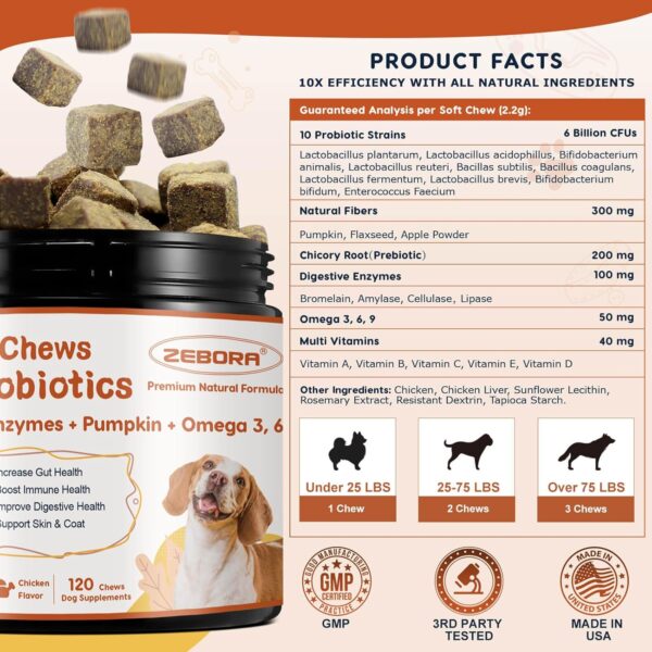 Probiotics for Dogs, Dog Probiotics for Digestive Health, Plus Pumpkin and Fish Oil, for Gut & Itchy, 120 Soft Chews - Image 2