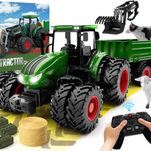 Remote Control Tractor Toy, Kids RC Tractor Set & Truck and Trailer Front Loader - Metal Car Head/8 Wheel/Light, Toddlers Farm Vehicle Toys for 3 4 5 6 7 8 9 Year Old Boys Girls Birthday Gift
