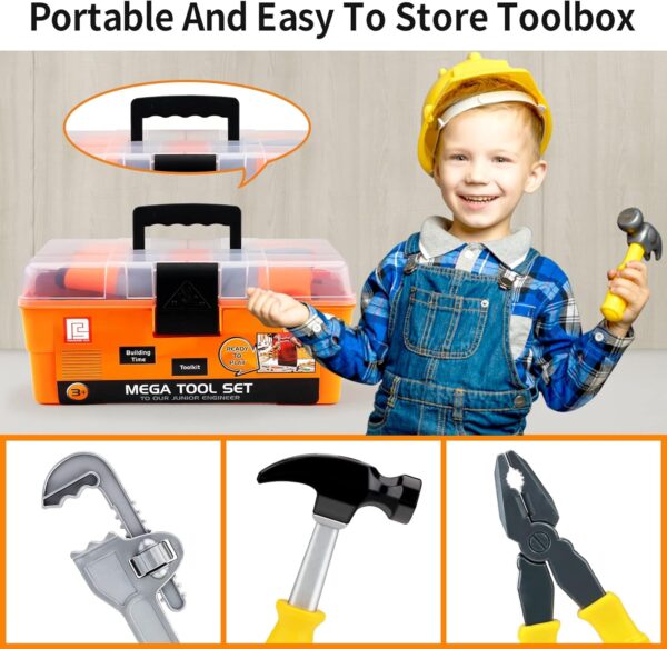 Deejoy Tool Set with Tool Box & Electronic Toy Drill, Pretend Play Kids Construction Kits for Kids Ages 3-5 Years Old, Toddler Boy Toys(Orange) - Image 5