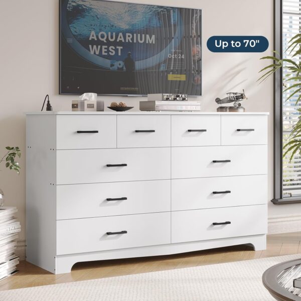 DICTAC White Bedroom Dresser with 10 Drawers, Large Chest of Drawers Storage Organizer, Long Dresser TV Stand with Power Outlets, Wide Dresser for Bedroom, Living Room (55.1" W x 32.3" H x 15.8" D) - Image 6