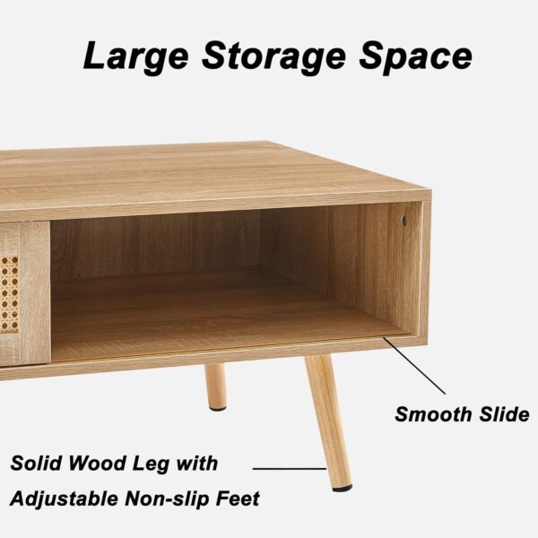 Mid Century Modern Coffee Table with Storage, 41.3 Inch Rectangle Wooden Accent Center Tables with Sliding PE Rattan Woven Door Panel and Solid Wood Legs, Suitable for Living Room, Apartment - Image 6