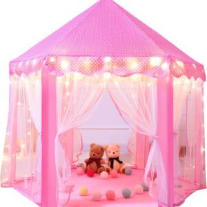 Sumbababy Princess Castle Tent for Girls Fairy Play Tents for Kids Hexagon Playhouse with Fairy Star Lights Toys for Children or Toddlers Indoor or Outdoor Games (Pink)
