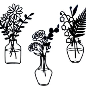 Zzbakress 3 Pcs Black Metal Flowers and Vases Wall Decoration Minimalist Art Wall Sculpture Lily of the valley, Daisy, Carnation Iron Decorative Floral for Living Room or Kitchen(Style 2, Black)