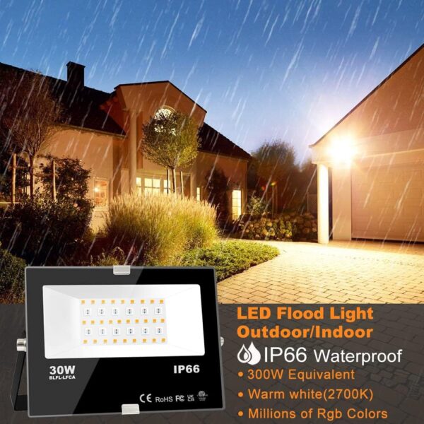 LED Flood Light Outdoor, 300W Equivalent 3000LM Smart RGB Landscape Lighting with APP Control, DIY Scenes - Timing - Warm White 2700K - Color Changing Uplight, IP66 Waterproof US Plug MELPO(4 Pack) - Image 2