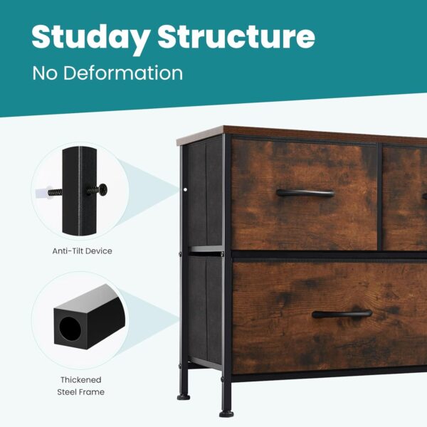 OLIXIS Organizer Storage 5, Chest of Drawers with Fabric Bins, Long Dresser with Wood Top for Bedroom, Closet, Entryway, 11.87" D x 38" W x 20.87" H, Rustic Brown - Image 6
