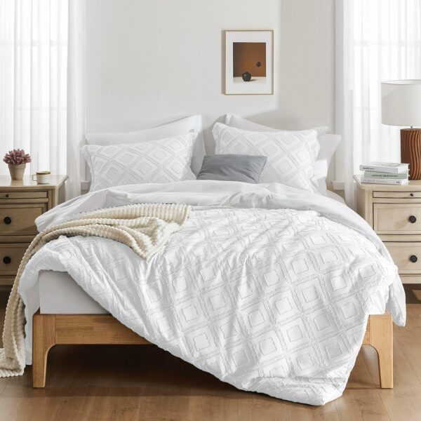 downluxe Boho Duvet Cover Queen - Embroidery Shabby Chic Queen Duvet Cover Set for All Seasons, 3 Pieces Tufted Boho Bedding, Comforter Cover with Zipper (White 04, Queen, 90" x 90") - Image 2