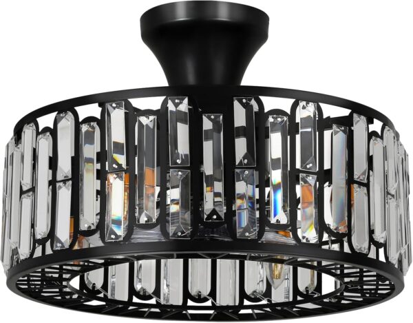 18" Crystal Caged Ceiling Fan with Lights Remote Control, 3-Speed Industrial Bladeless Fandelier, Flush Mount Black Metal Fandelier Fan Light for Bedroom, Living Room, Dining Room
