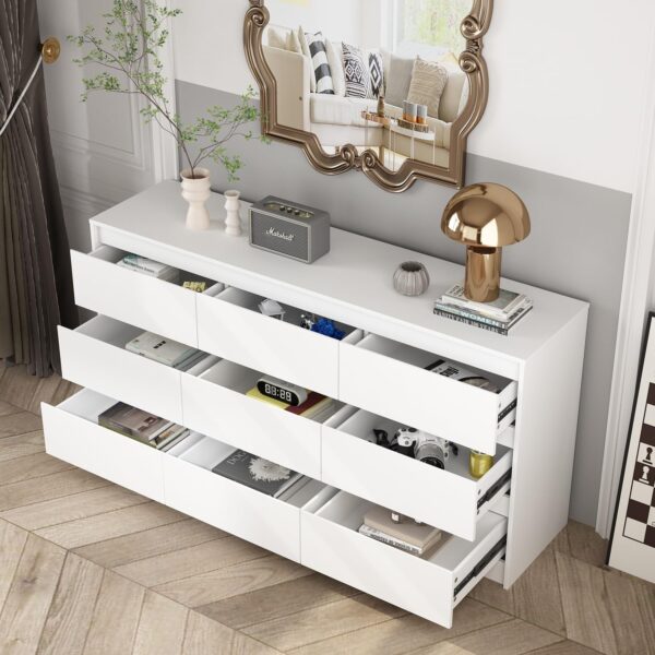 Hitow 9 White Drawer Dressers, Modern Large Dresser for Bedroom Organize, Wooden Long Dresser with 9 Handle Free Drawers, Storage Chest of Drawers for Living Room Home Office (63" W) - Image 3