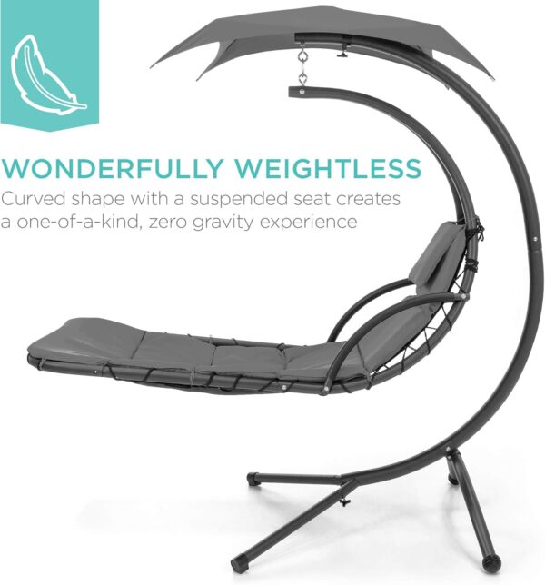 Best Choice Products Outdoor Hanging Curved Steel Chaise Lounge Chair Swing w/Built-in Pillow and Removable Canopy - Charcoal Gray - Image 2