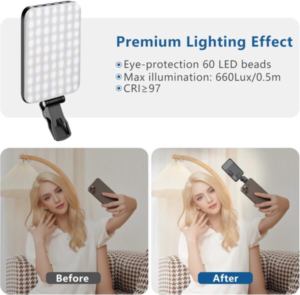 60 LED Portable Selfie Light Video Conference Lighting with Clip & Camera Tripod Adapter Rechargeable 2200mAh CRI 97+, 3 Light Modes for Phone iPhone Webcam Laptop Photo Makeup - Image 4