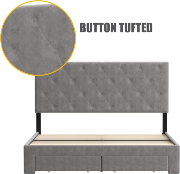 NSdirect Queen Size Bed Frame with Storage Drawer, Upholstered Velvet Platform Bed Frame with 2 Storage Drawers and Charging Station,Tufted Headboard, Grey Velvet - Image 5