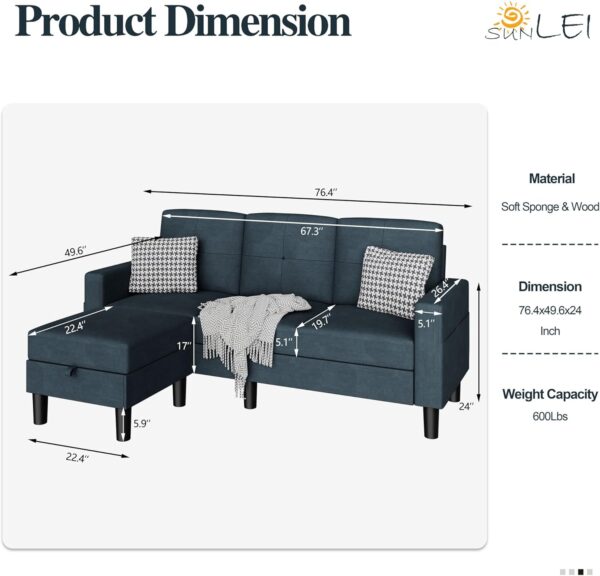 SUNLEI 79" Sectional Couch for Living Room Furniture Sets 3 Piece Small Sofa, L-Shaped Convertible Couches, Modular Sectional Couch with Cloud Chaise for Living Room/Small Space (Dark Grey) - Image 2