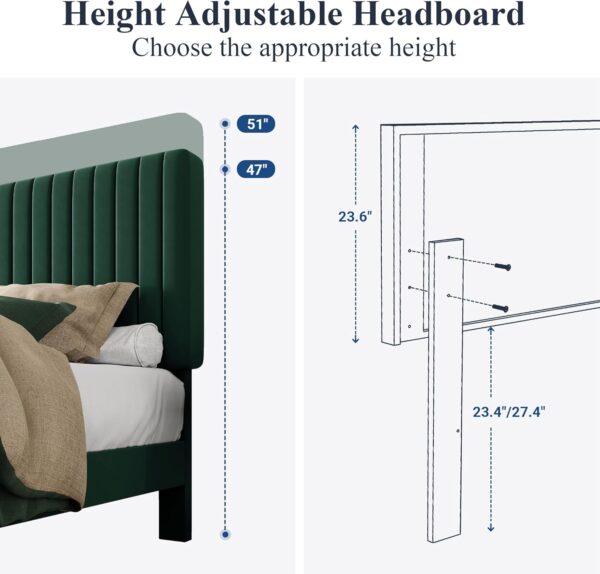 Allewie Queen Bed Frame, Velvet Upholstered Platform Bed with Adjustable Vertical Channel Tufted Headboard, Mattress Foundation with Strong Wooden Slats, Box Spring Optional, Easy Assembly, Green - Image 6